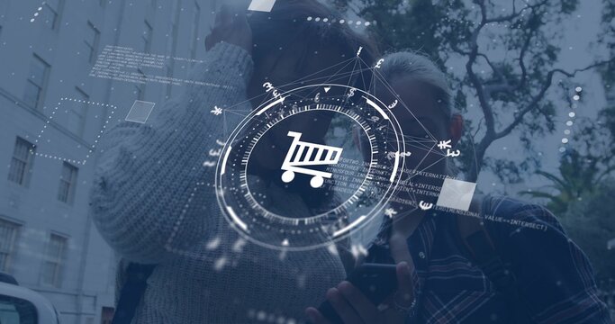 Interacting two teens in gray sweater, plaid shirt tapping smartphones on store window with AR cart