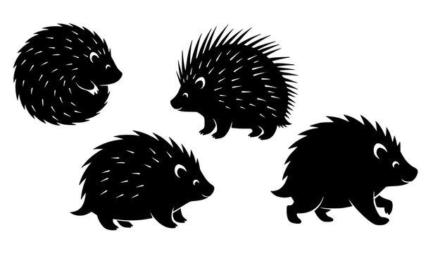Black and White Porcupine Silhouette Sticker Vector Set for Clipart and Printable Designs