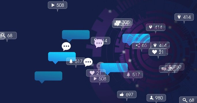 Floating cyan and blue chat bubbles drifting across navy gradient near tech motif, showing badges