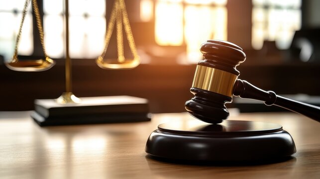 Symbolic representation of legal justice and financial management with a gavel and scales of justice in a courtroom setting