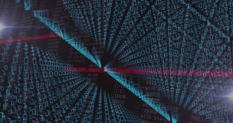 Fototapeta premium Pulsing central digital vortex forming deep data tunnel, with teal binary, red scanlines, ERROR