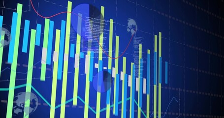 Showing neon bars and candlesticks on deep blue grid, with red-blue trend lines, circular overlays © vectorfusionart