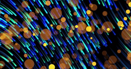 Obraz premium Glowing diagonal neon light streaks streaming in black studio backdrop, showing warm orange bokeh