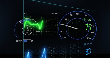 Obraz premium Displaying transparent glass-like panel at cockpit studio, showing 114 km or h, 75 HR, SpO2 83