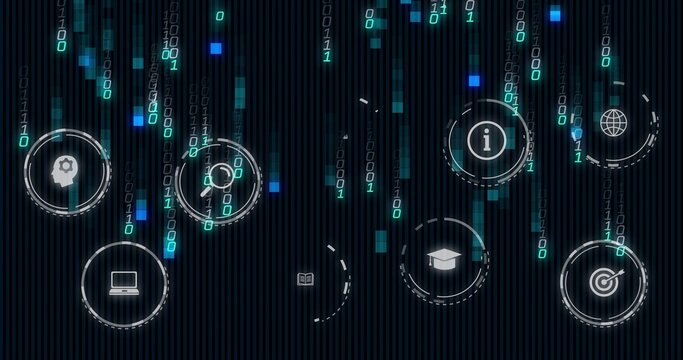 Streaming circular UI icons and binary digits moving on dark striped backdrop, with glowing pixels