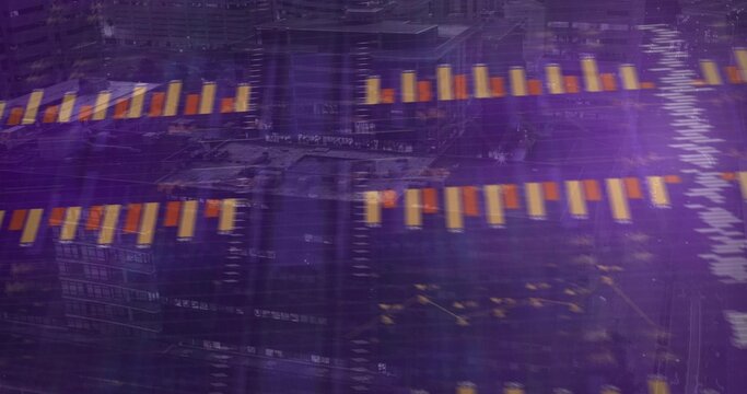Displaying two parallel rows orange bars over cityscape with violet overlays, window grids and blur