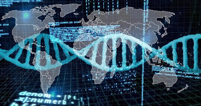 Running cyan-blue double helix crossing virtual world map in infographic space, streaming code