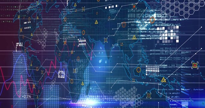 Displaying central world map with hex tiles and connector nodes on dashboard, glowing blue center