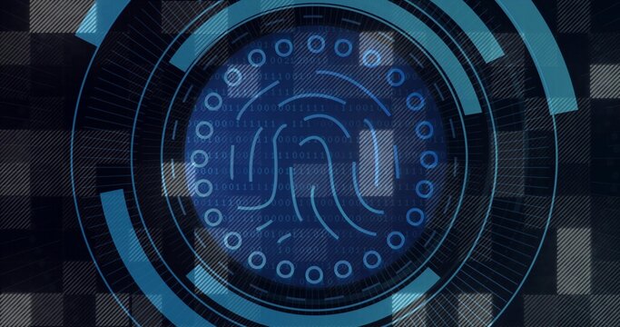 Displaying fingerprint HUD at center pulsing with rings, binary stream, soft blocks, plaid backdrop