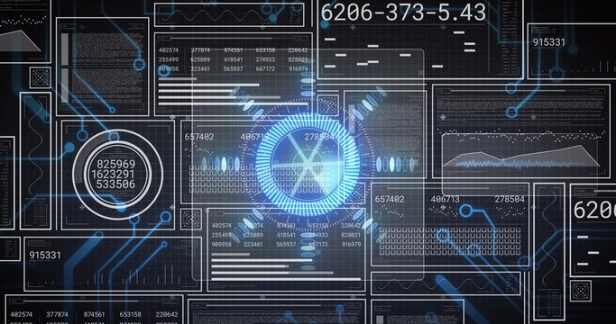 Pulsing central HUD element glowing on virtual control dashboard, showing left gauge, data panels