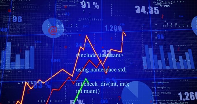 Showing orange zigzag line chart rising in digital dashboard, displaying green arrow bars pies code