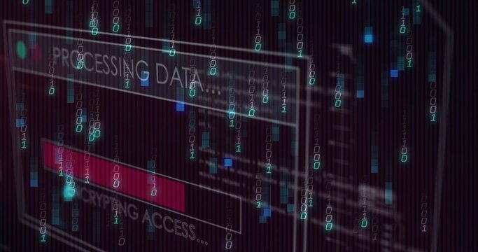 Displaying glass UI panels encrypting data in cyber interface with cyan binary streams and red bar