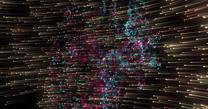Swirling particle cloud pulsing through black space, streaking gold light and cyan magenta wisps