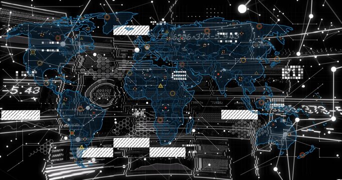 Rendering stylized world map pulsing with circuit-board traces on virtual dashboard, showing nodes
