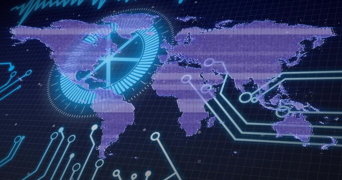 Displaying holographic world map on dashboard, showing purple scan bands, circular HUD, cyan traces