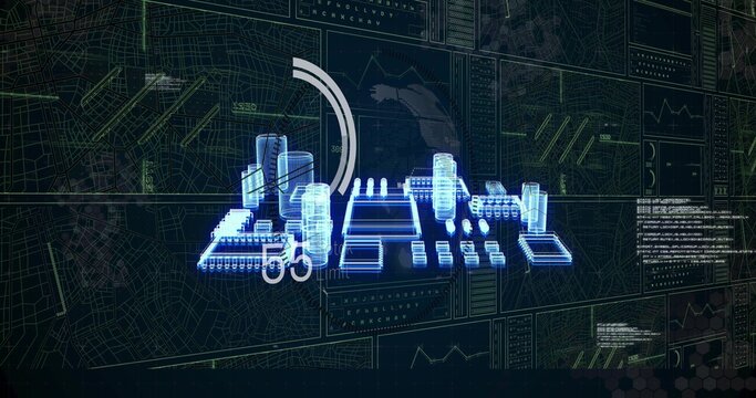 Projecting centered holographic 3D model hovering over virtual display, with arc HUD and waveforms