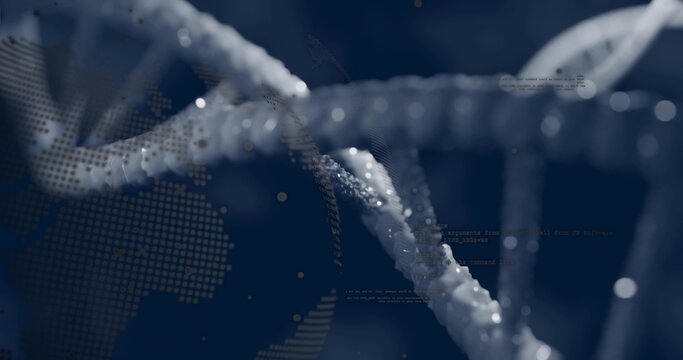 Showing textured double-helix occupying center of frame in studio, dotted globe overlay