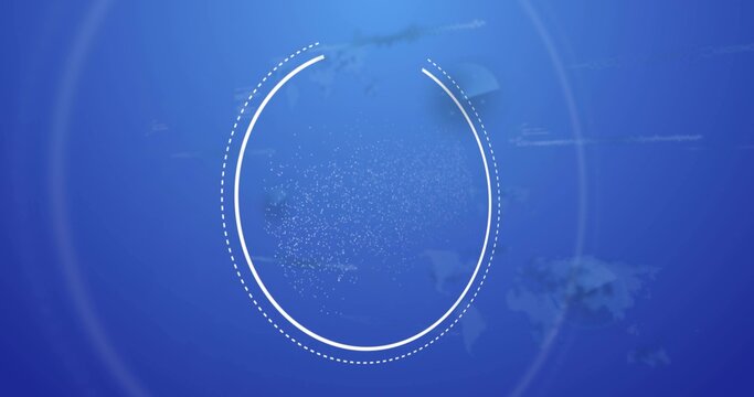 Showing white ring with solid or dotted arcs on blue screen, revealing dots, map and light rings