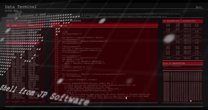 Displaying data terminal UI showing red console with code, left ID list, right encryption table