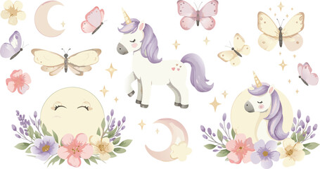 Obraz premium Whimsical unicorn and butterfly illustrations with flowers and moon phases
