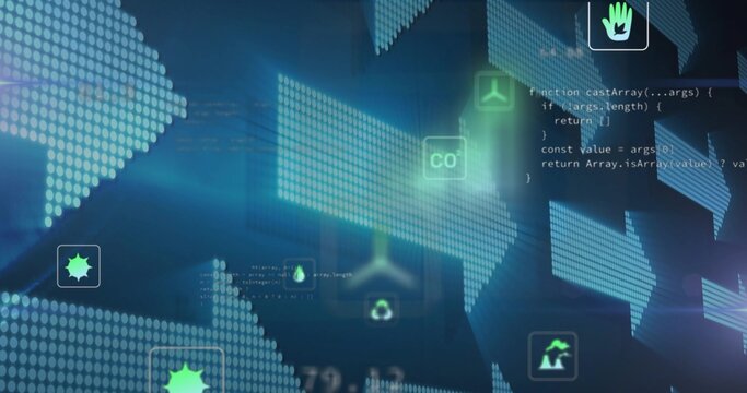 Displaying centered dotted arrows and floating green eco icons on virtual tech dashboard, with code