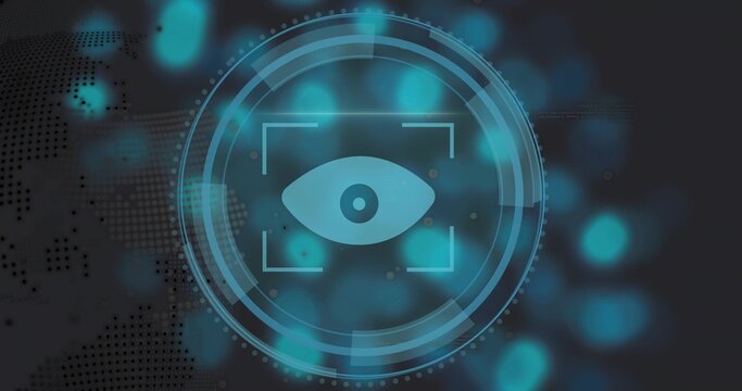 Displaying teal eye icon pulsing in HUD rings and focus brackets on interface, globe motif present