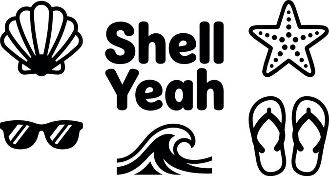 Shell yeah summer beach icons with sunglasses starfish wave and flip flops