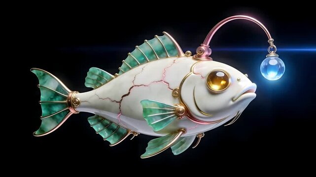AI Deep-Sea Detection Concept: 3D Mechanical Anglerfish with Lens Flare Scanning Effect, White Porcelain and Jade, Professional VFX Isolated Asset, 4K Stable Render