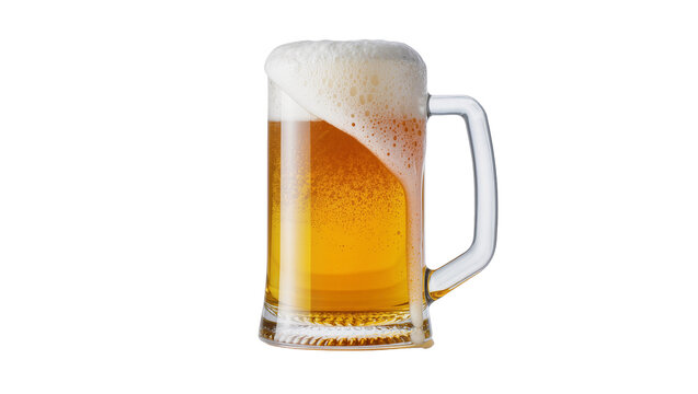 Isolated refreshing golden lager beer in a transparent glass mug with frothy head and bubbles