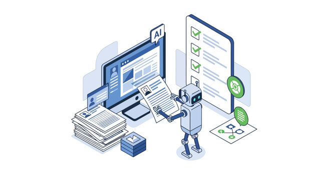 AI Robot Screening Resumes for Recruitment and Automated Hiring Process. Isometric Illustration of HR Technology, Applicant Tracking System, and Talent Acquisition.