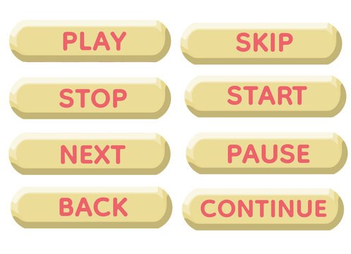 Soft Pastel Yellow 3D Media Control Text Button Set with Pink Typography, Minimal Glossy Rounded UI Labels Featuring Play Start Stop Pause Next Skip Back Continue, Cute Clean Interface Design