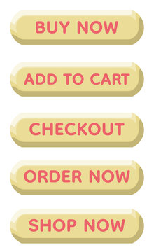 Soft Pastel Yellow 3D E-commerce Button Set with Pink Typography, Minimal Glossy Rounded UI Elements with Buy Now Add to Cart Checkout Order Now Shop Now Text Labels, Cute Clean Interface Design
