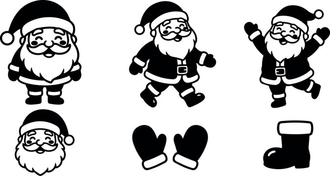 Black and white merry santa claus collection with mittens and boot vector art