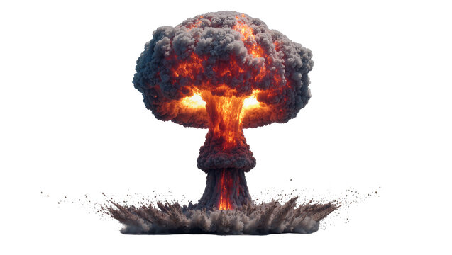 Isolated massive nuclear explosion forming a fiery mushroom cloud, destructive and powerful blast wave