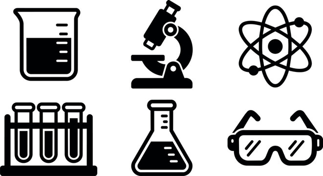Black laboratory equipment icons beaker microscope atom safety glasses
