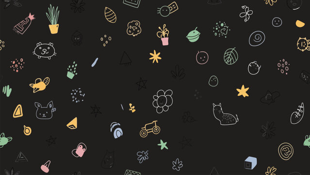 Minimalist hand drawn doodle pattern on dark background with simple characters and icons.