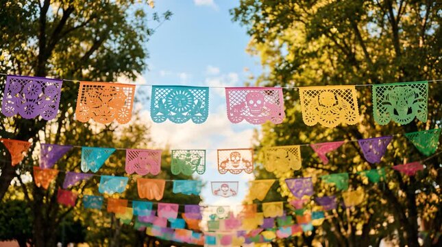 Festive Paper Banners Hanging Between Trees Against Blue Sky in Sunny Park Setting