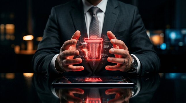 Executive overseeing critical digital data deletion processes to ensure robust cyber security and effective information management.