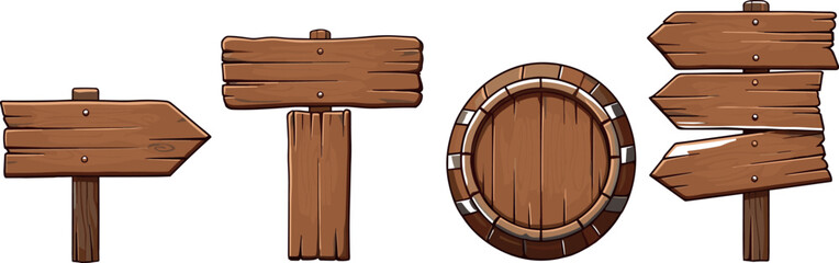 Wooden Signage and Barrel Collection, Hand-Drawn Vector Set of Directional Arrows, Signs, and Rustic Design Elements for Outdoor, Vintage, and Western Illustrations © MstTazmina