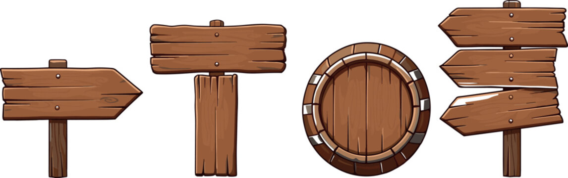 Wooden Signage and Barrel Collection, Hand-Drawn Vector Set of Directional Arrows, Signs, and Rustic Design Elements for Outdoor, Vintage, and Western Illustrations