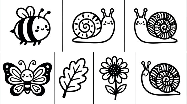 Black and white cute bee butterfly snail leaf and flower vector art set