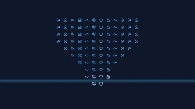 A looping animation of a blue icon heart made of various symbols on a dark background with a line.