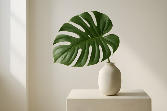 Monstera Leaf in White Vase with Sunlight Shadows