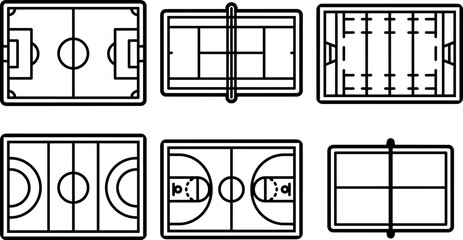 Obraz premium Black and white line art sports field and court icons vector set