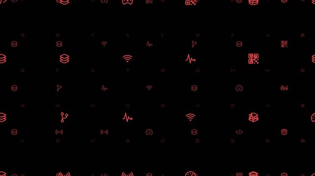 Playful looping red icon background with scattered hearts stars geometric letters over black white split design
