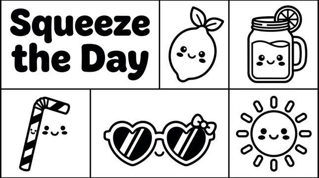 Black and white cute squeeze the day phrase lemon drink straw sun sunglasses