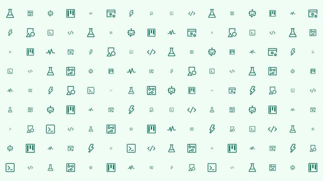 Comprehensive looping background grid of 96 dark teal icon symbols on light greenish-white background, top view