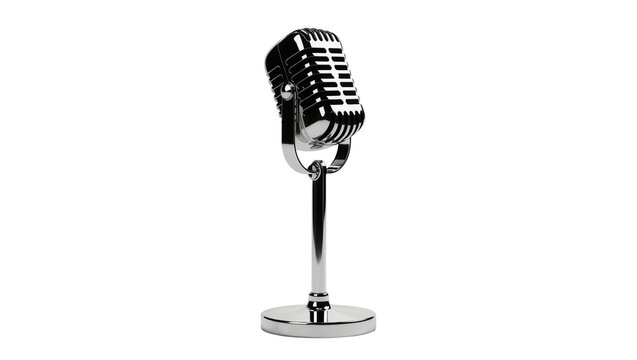 Isolated classic vintage chrome microphone on stand for music, radio, and broadcast recording