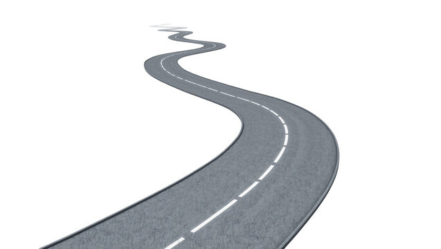 Isolated winding gray asphalt road with dashed white lines indicating a journey, path, and future