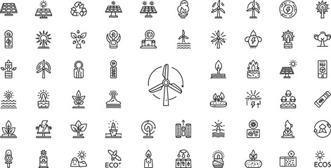 Renewable energy and sustainability outline icon set with solar panels wind turbine eco power and green technology symbols © MdMahfujAhmmed